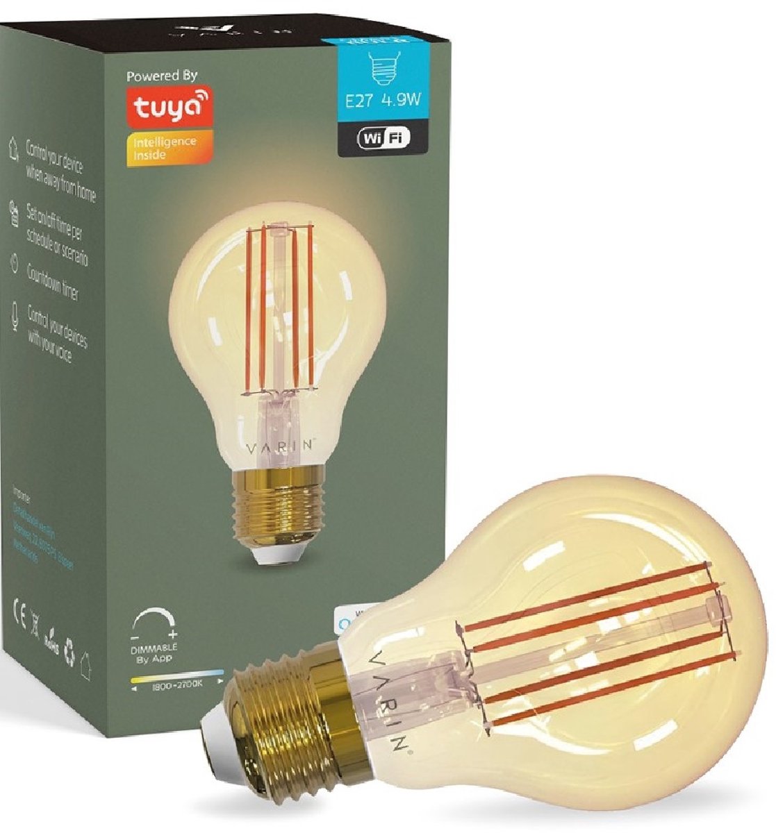 Varin® Smart Filament Led Lamp E27 - 5W - Extra warm wit licht - Bediening via app - Voice control - Slimme bulb verlichting - Smart Light - Google Home en Amazon Alexa - Tuya wifi - Nachtlamp - Lampen woonkamer, keuken, slaapkamer, hal, kinderkamer
