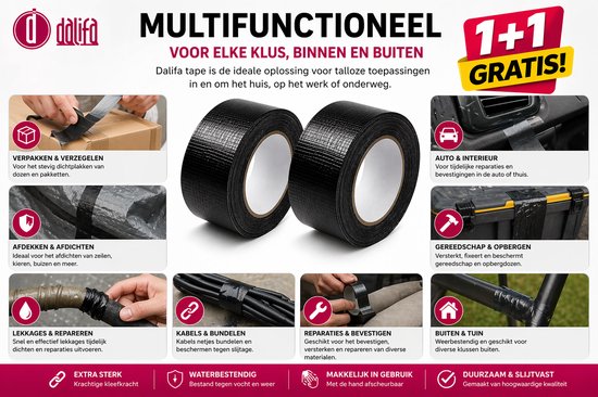 Twee rollen zwarte ducttape met "1+1 GRATIS!" en diverse toepassingen.