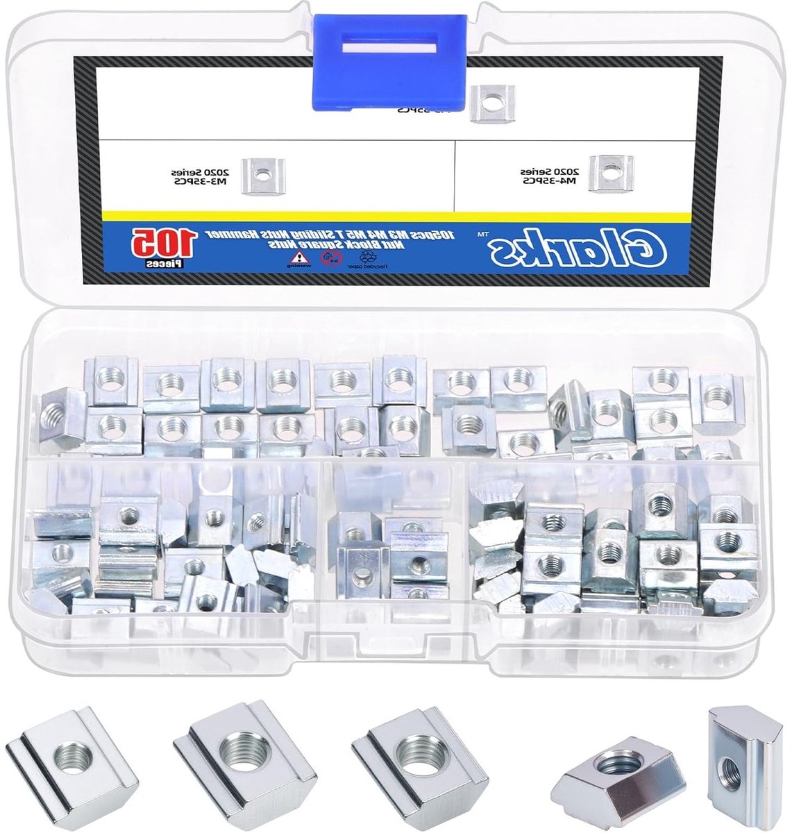 T Lock Nut Kit 105 stuks voor M3/M4/M5, Carbon Staal T Slot Sliding Nuts, Metrische Draad en Hammer Head T Nuts voor Europese Standaardtoepassingen
