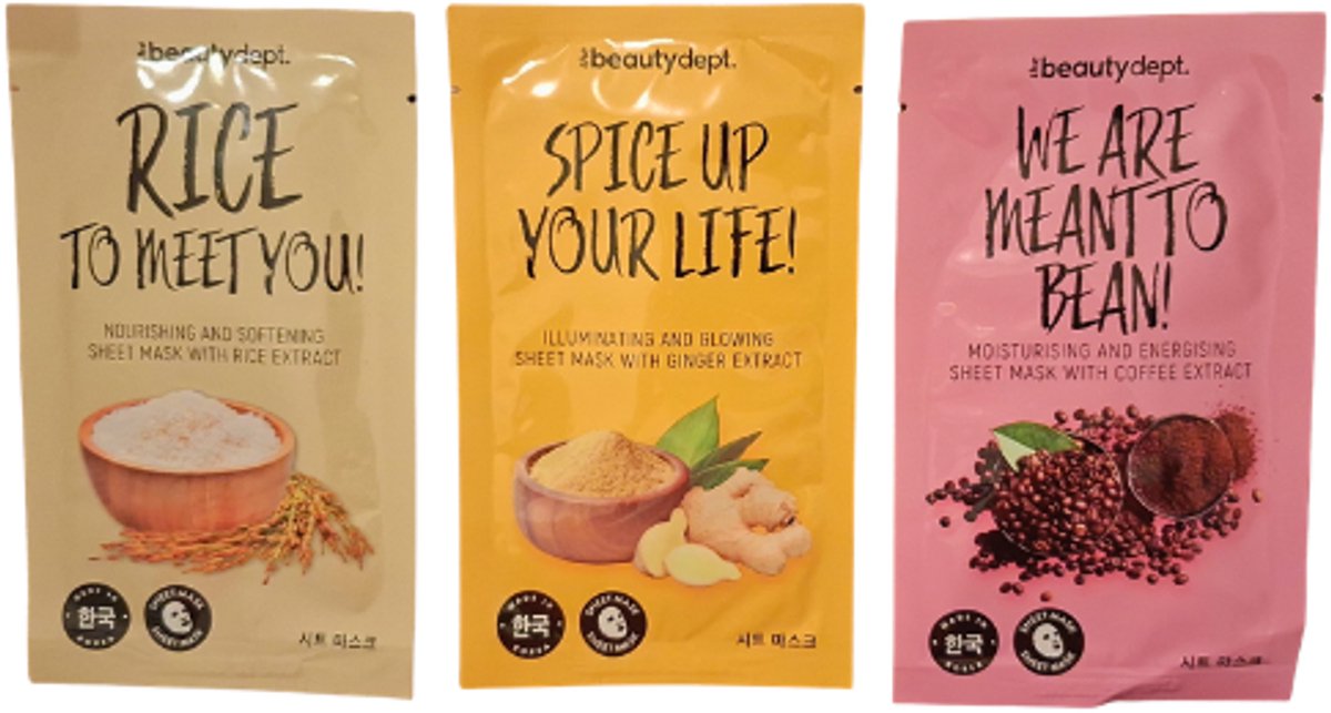 The Beauty Dept. Sheet mask - Koreaanse Gezichtsmasker - Set van 3 | 3x 20ml - Rijst - Gember - Koffie | Korean Beauty Sheetmask - Hydraterend - Verzachtend - Herstellend