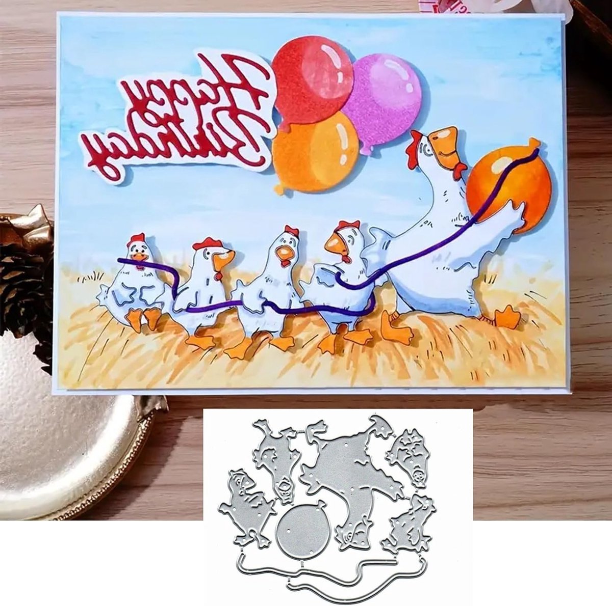 Verjaardagswenskaart met kuikens en ballonnen, decoratieve stencils voor scrapbooking en embossing, ideaal voor kaarten maken