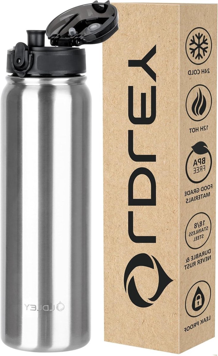RVS Waterfles met Rietje, 1 Liter, Geïsoleerd en Lekvrij voor Fietsen, Kamperen en Sportactiviteiten