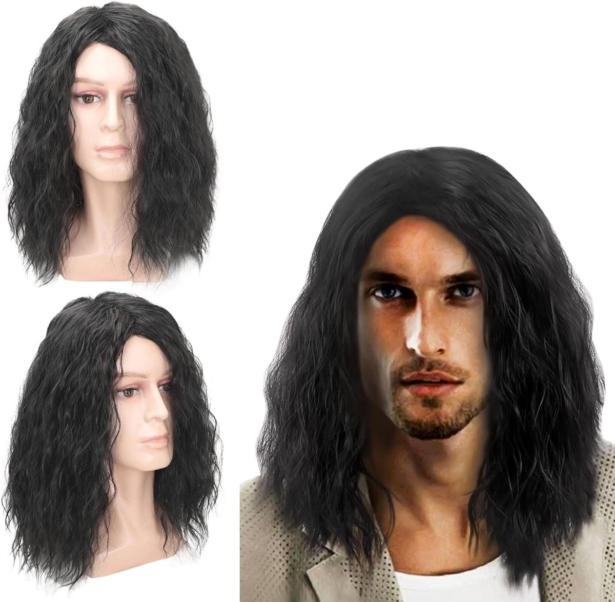 Lange Zwarte Krullende Peruk voor Mannen, 16 Inch Mid-Length Haar voor Cosplay en Feestkostuums, Perfect voor Halloween en Retro Thema's