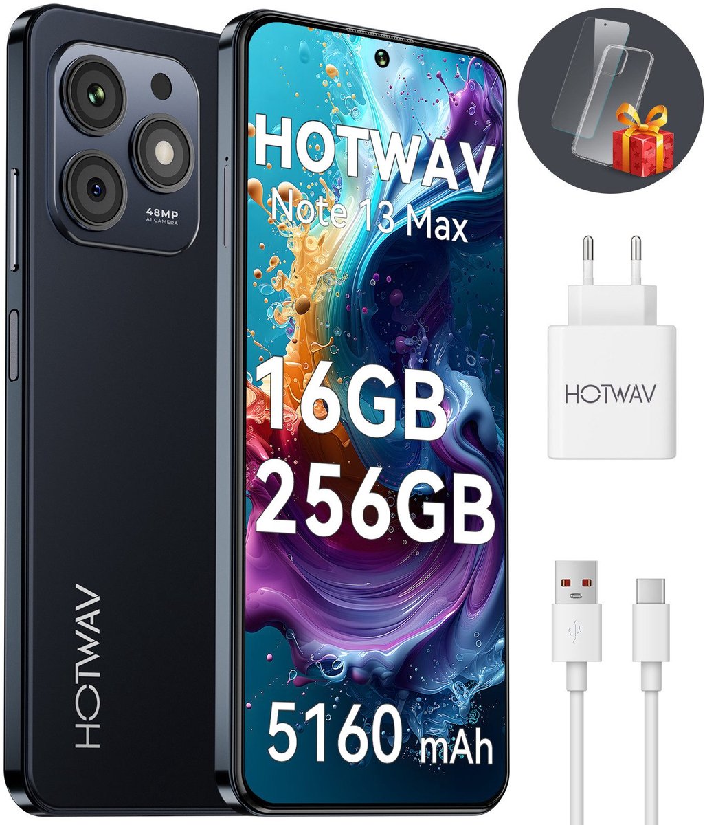 HOTWAV Note 13 Max mobiele telefoon senioren - Smartphone - 256GB - Zwart - mobiele telefoon zonder abonnement - 2 jaar garantie - Met Transparante Hoes - 4G Dual SIM