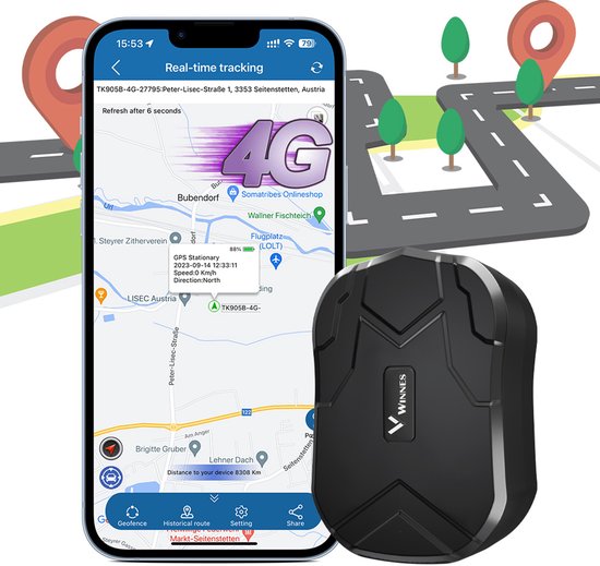 WINNES GPS tracker met real-time tracking op smartphone app, toont locatie op kaart.