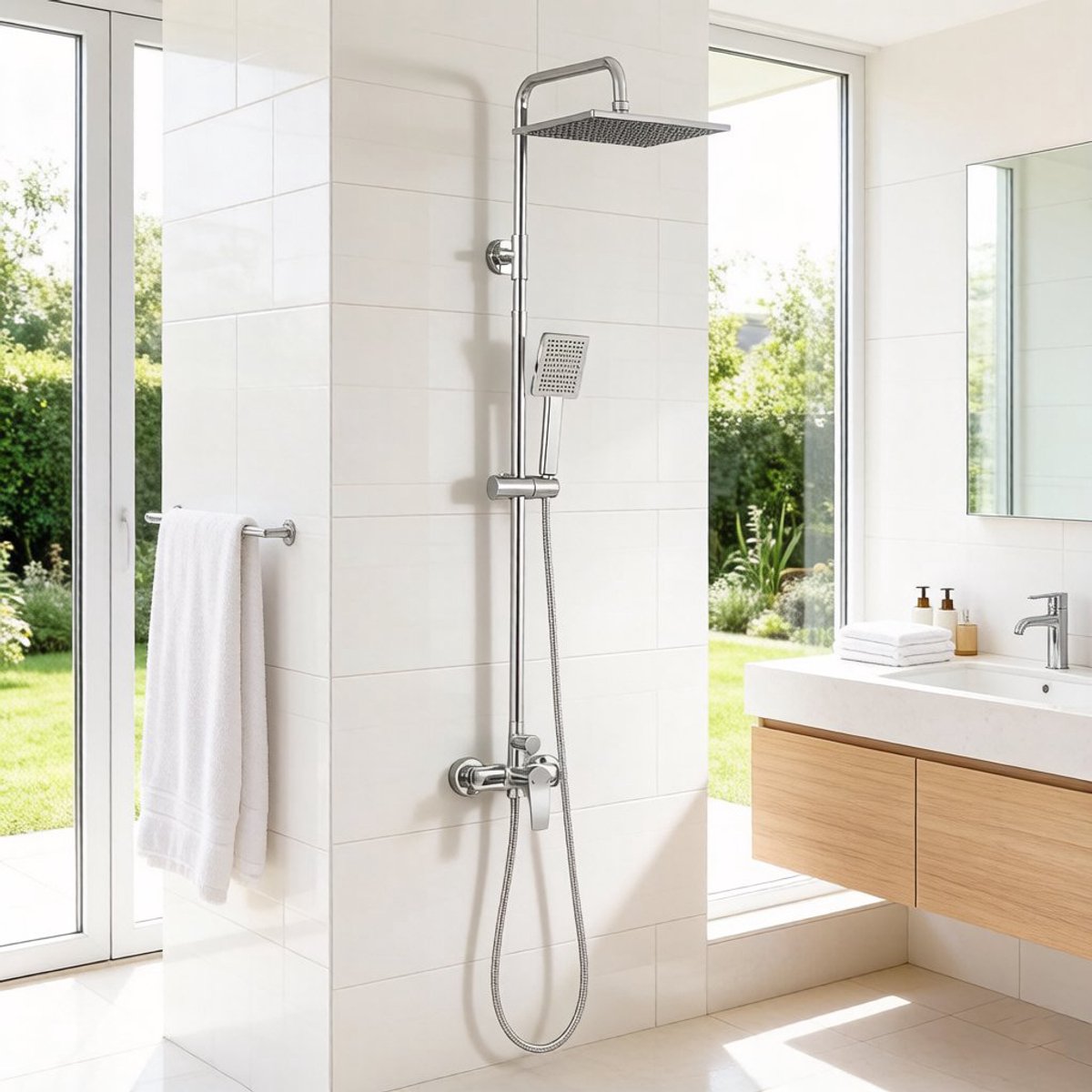 Sofetiy Max Douchesysteem - Compleet Doucheset - 10 inch Vierkante Douchekop - Regendouche & Handdouche - RVS - Verstelbare Hoogte 93-130 cm - Regendoucheset - Waterbesparend - Chroom