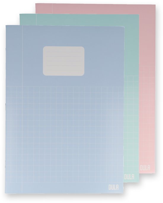 Drie DULA A4 schriften gestapeld: lichtblauw, mintgroen en roze, met ruitjes en witte labels.