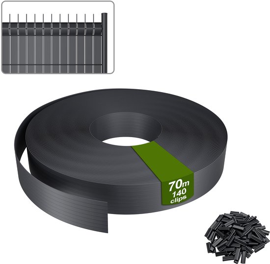 Vlechtband Hekwerk 70m – PVC Privacy Stroken voor Dubbelstaafmat – Zichtbescherming Tuin & Balkon – Inclusief Clips – Antraciet