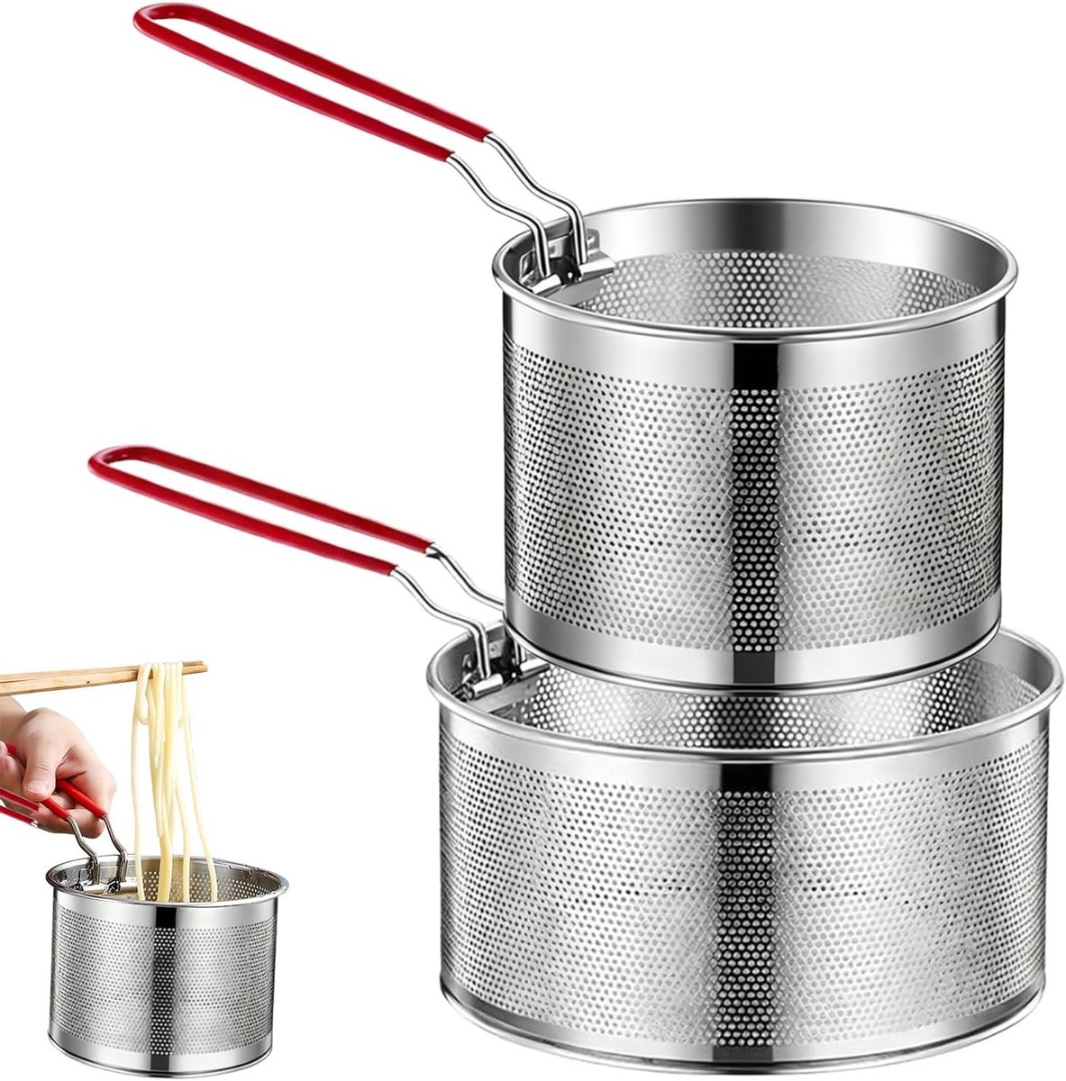 Set van 2 RVS Zeefmanden, Diepvriesmand en Pastamand met Handvat, Ideaal voor Pasta, Friet en Groenten (18cm en 20cm)