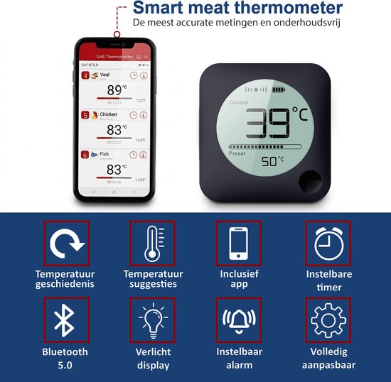 Smart vleesthermometer met app-weergave op telefoon en losse thermometer met digitaal display, 39°C, 50°C. Iconen voor geschiedenis, suggesties, app, timer, Bluetooth, display en alarm.