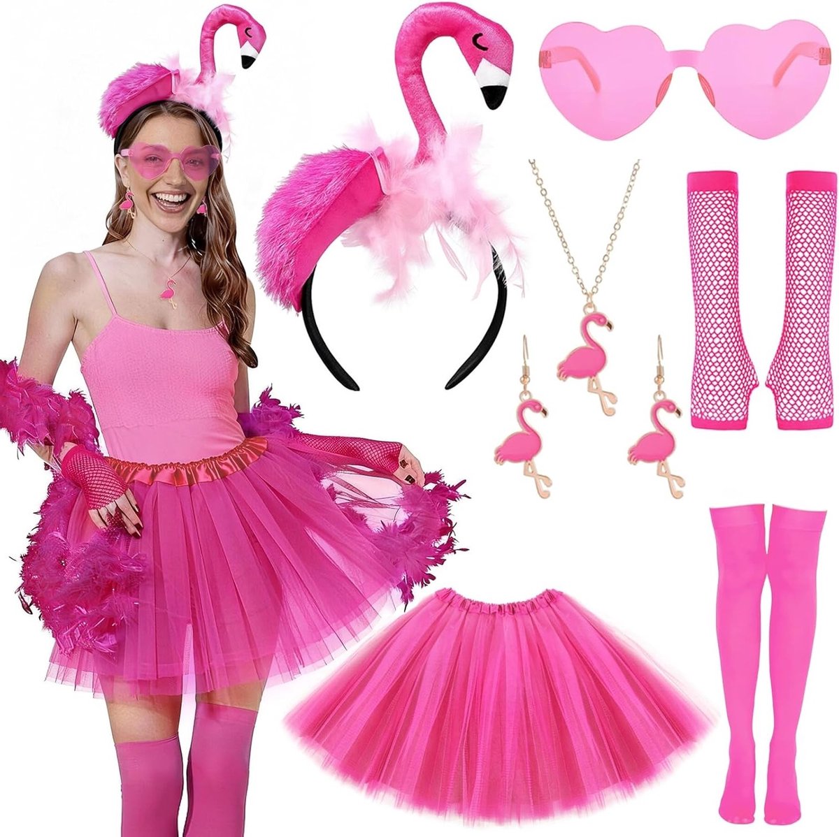 Flamingo kostuum voor dames met haarband, tule rok, zonnebril en accessoires voor carnaval en feestjes