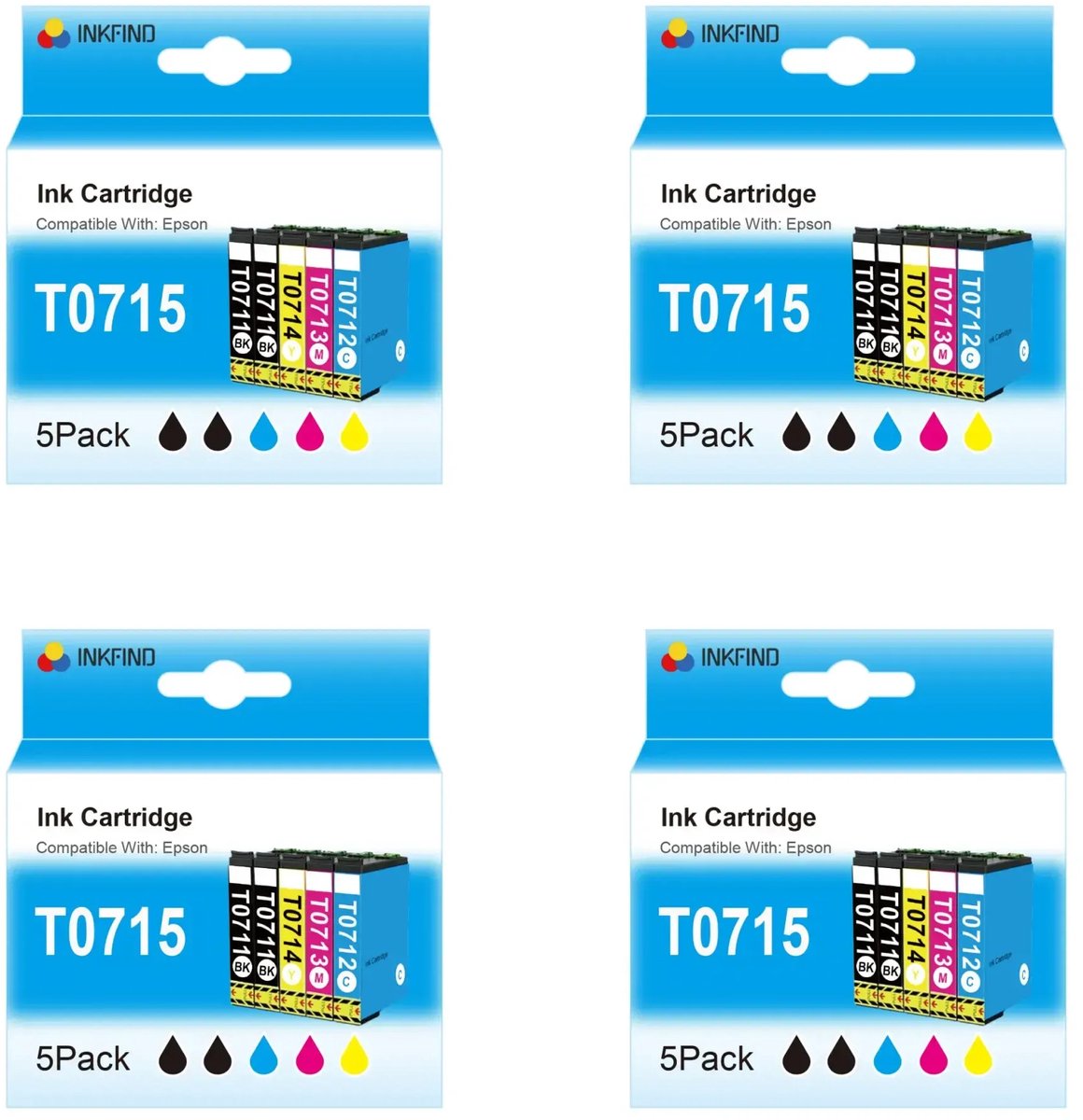INKFIND T0715 inktcartridge voor Epson T0715 T0711 T0712 T0713 T0714 T0895 inktcartridge multipack 20 stuks (4*5pack=Zwart x 8, Cyaan x 4, Magenta x 4, Geel x 4) Epson Stylus D120, S20, S21, SX100, SX105, SX110, SX115, SX200, SX205, SX210, SX215