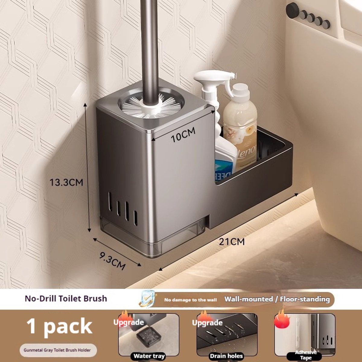Wandgemonteerde toiletborstel set met voet, boorloos ophangontwerp, flexibele haren voor dieptereiniging, praktische badkameraccessoire.