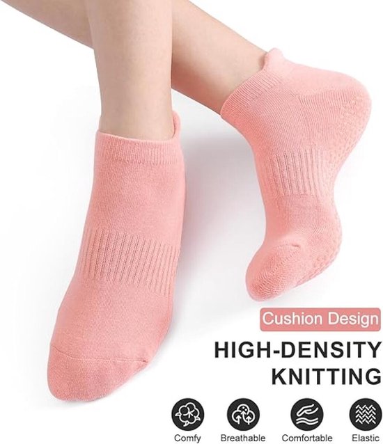 3 Paar - Dames Antislip Yoga Pilates Sokken - Yoga Sokken - Roze, zwart, grijs - Antislip sokken - Ademend Katoenen Enkelsokken met Grip - Voor Ballet, Dans, Fitness & Dagelijkse Workouts — afbeelding 5