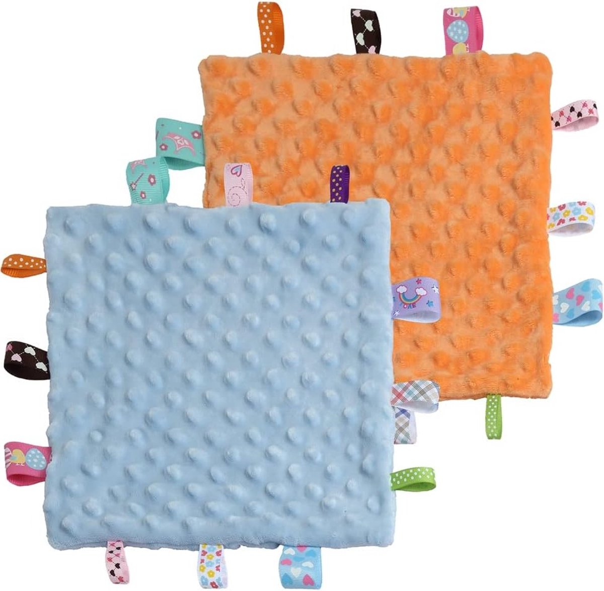 Zachte Cuddly Dekentje voor Baby's, Sensory Comfort Dekentje voor Jongens, Perfect Cadeau voor Verjaardagen en Babyshowers (24.5 cm x 24.5 cm, Blauw Oranje Label)
