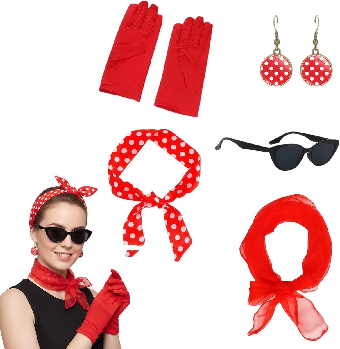 Retro Kostuumaccessoires Set van 5 - Cat Eye Bril, Polka Dot Bandana, Rode Handschoenen en Vintage Oorbellen voor Feestelijke Outfits