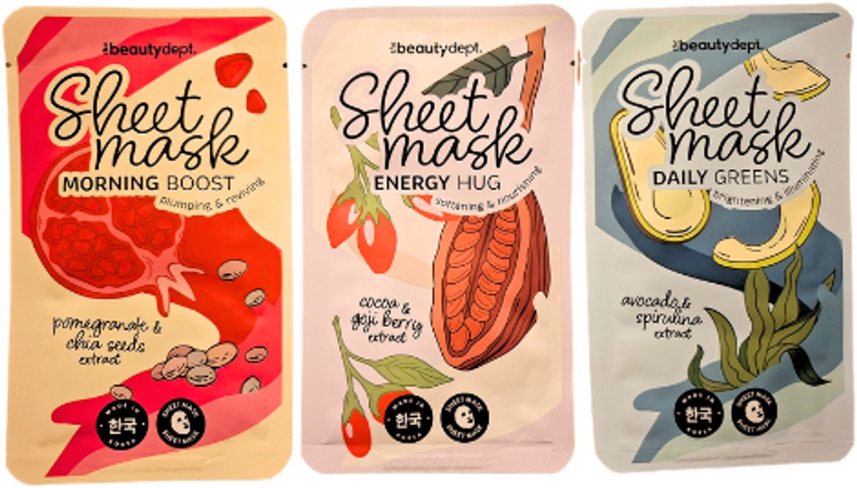 The Beauty Dept. Sheet mask - Koreaanse Gezichtsmasker - Set van 3 | 3x 20ml - Morning Boost - Energy Hug - Daily Greens | Korean Beauty Sheetmask - Hydraterend - Verzachtend - Herstellend