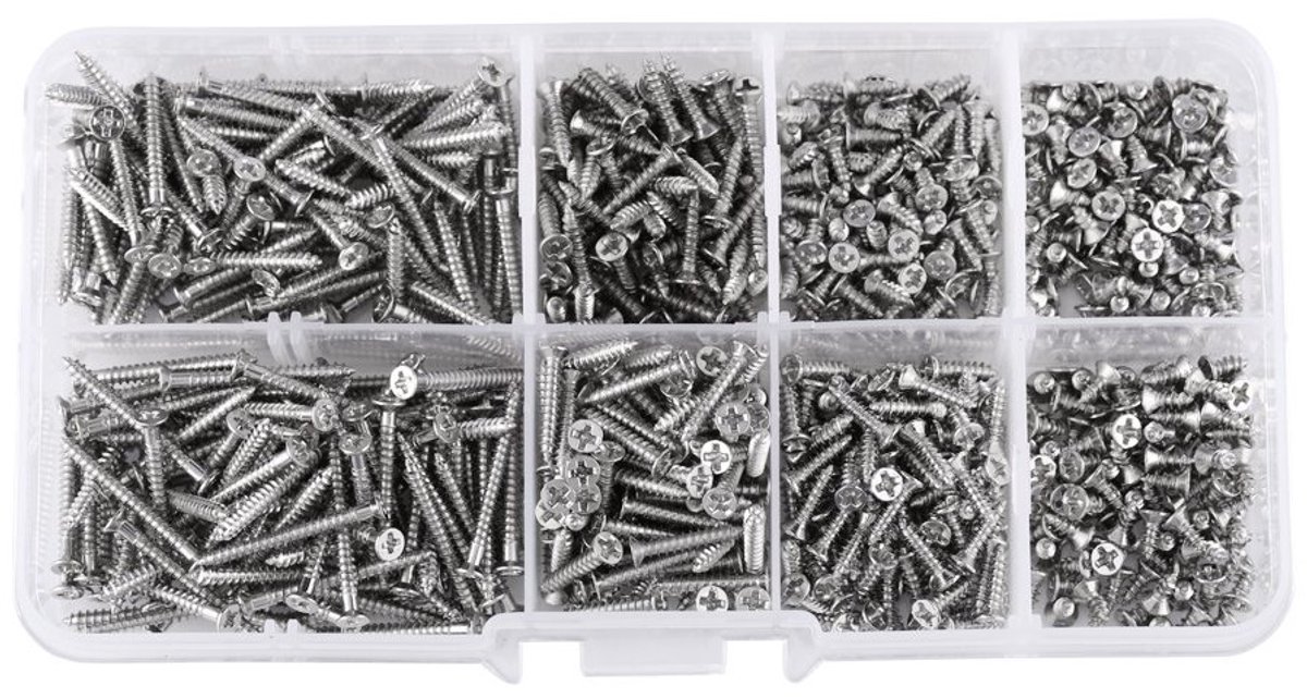 800 Stuks M2 Zelftappende Platte Schroeven met Kruiskop voor Hout, Inclusief Opbergdoos en Bevestigingsmateriaal