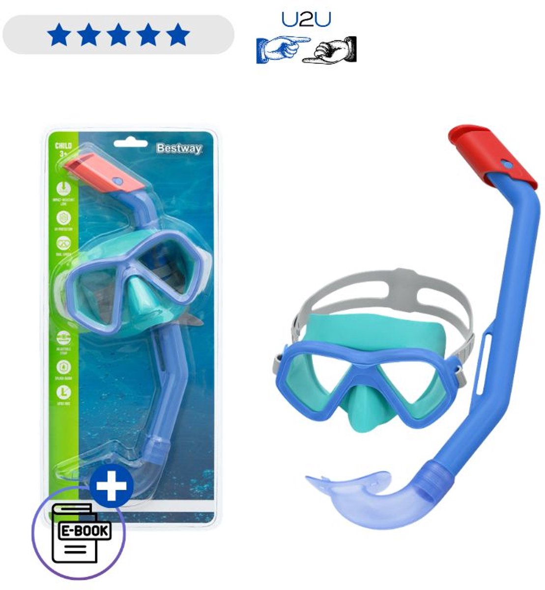Bestway Duikset 24023 Blauw - Snorkelset Met Zwemmasker En Dry Top Snorkel Voor Kinderen 3 Tot 6 Jaar - Comfortabele Duikbril Voor Zwembad En Vakantie Speelgoed 3 jaar Met Ebook