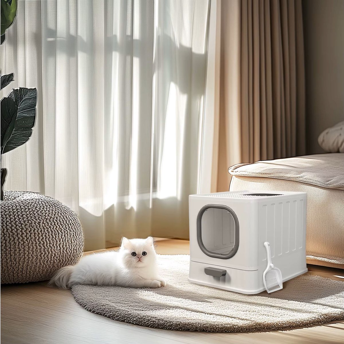 Venzor - XL Kattenbak met Deksel - Top Entry - Anti Spat - Met Lade & Schep - 48x36x39 cm