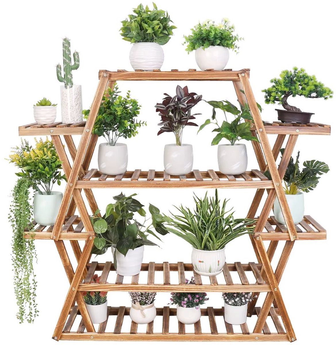 Venzor - Planten Rek - 6 Laags - Goud - Hout - Donkerbruin - 94 x 25 x 106 cm