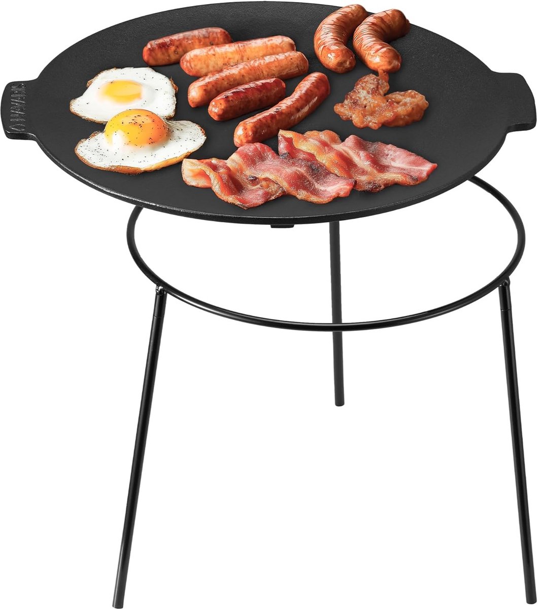 Gietijzeren grillplaat - Bakplaat pan - Buiten koken - Afneembare poten - 34 cm diameter - Zwart