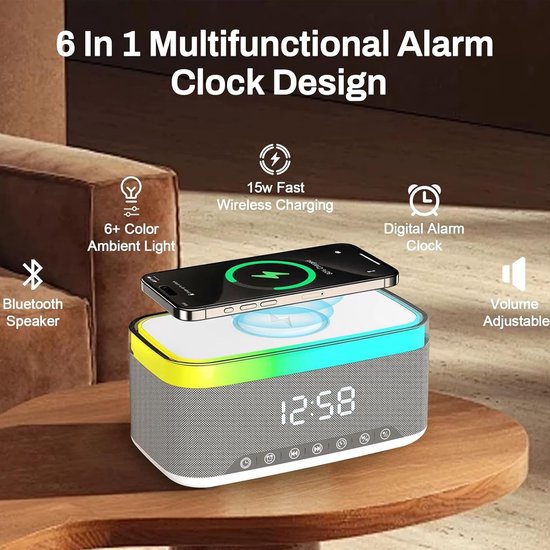 Digitale wekker, wekker met laadstation, radiowekker, radioklok, digitaal met bluetooth-luidspreker, 6 kleuren, nachtlampje, 15 W, draadloze oplader geschikt voor iPhone, Samsung — afbeelding 2