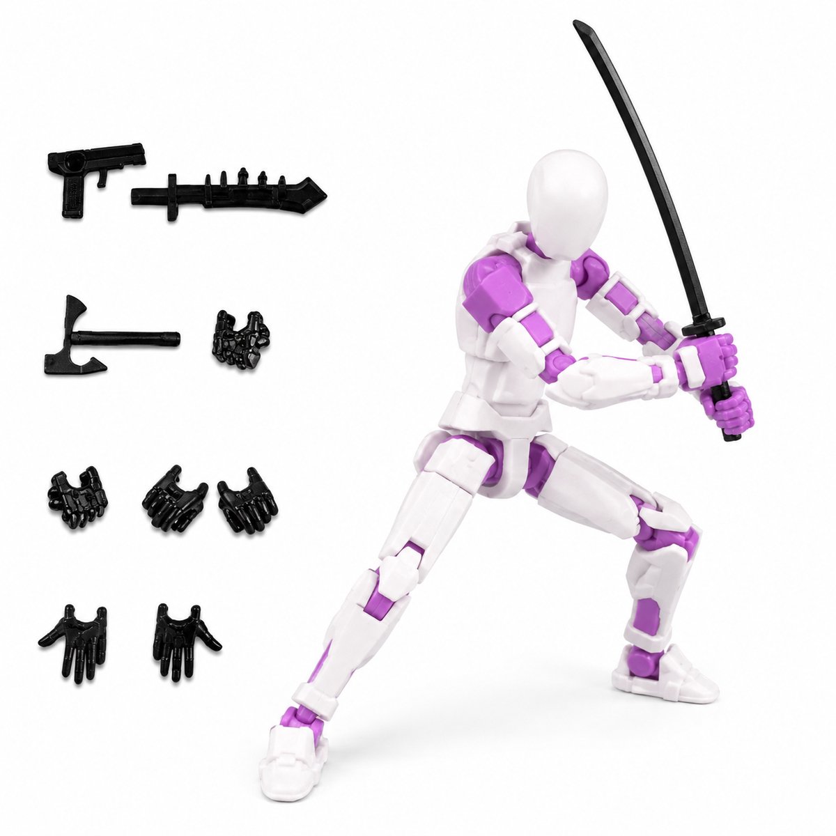 Enluxe Wit/Paars T13 Stick Action Figure – Flexibele Beweegbare Pop, Verwisselbare Handen en Speelgoedwapens, Creëer je Eigen Gevechtsscene, Perfect voor Kinderen en Verzamelaars