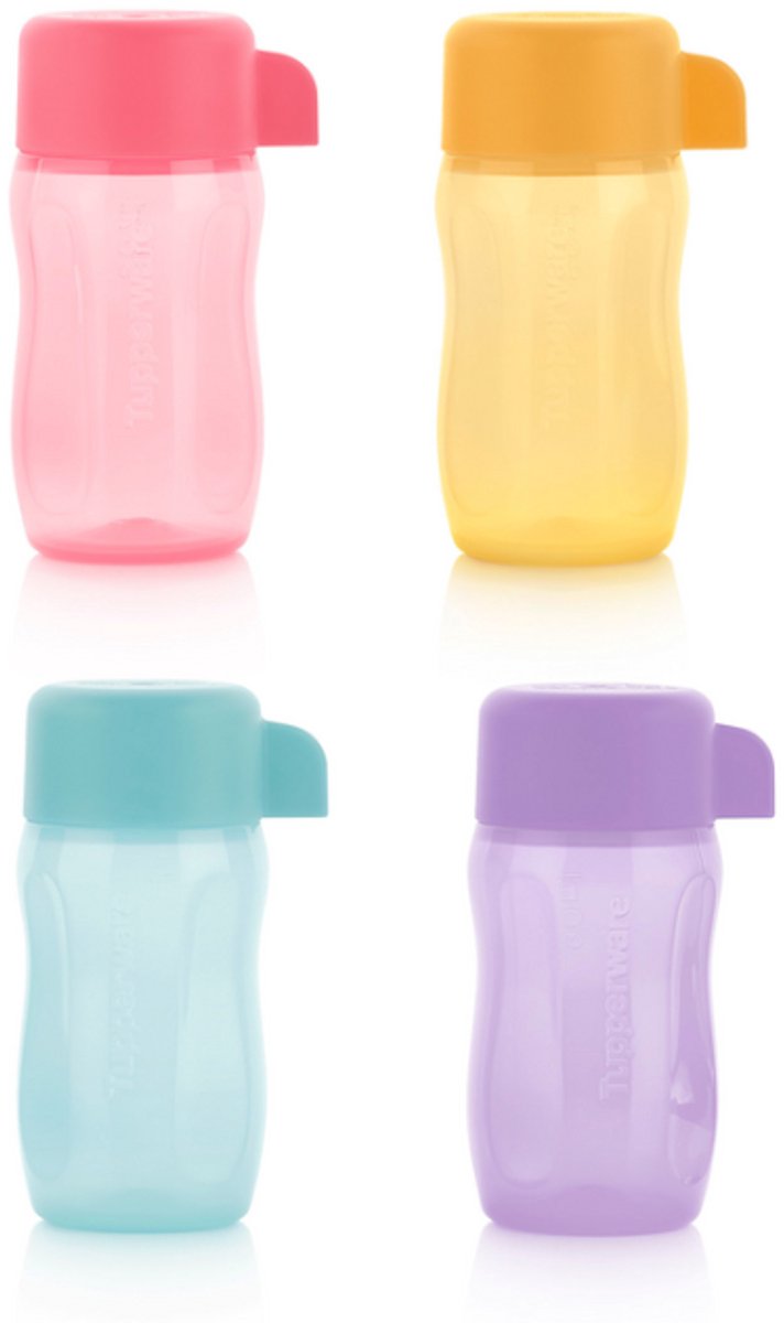 Tupperware Drinkflesjes 90 ml 4 stuks - Blauw Groen Oranje Roze waterflesjes | flesjes kinderen kids | sportdop