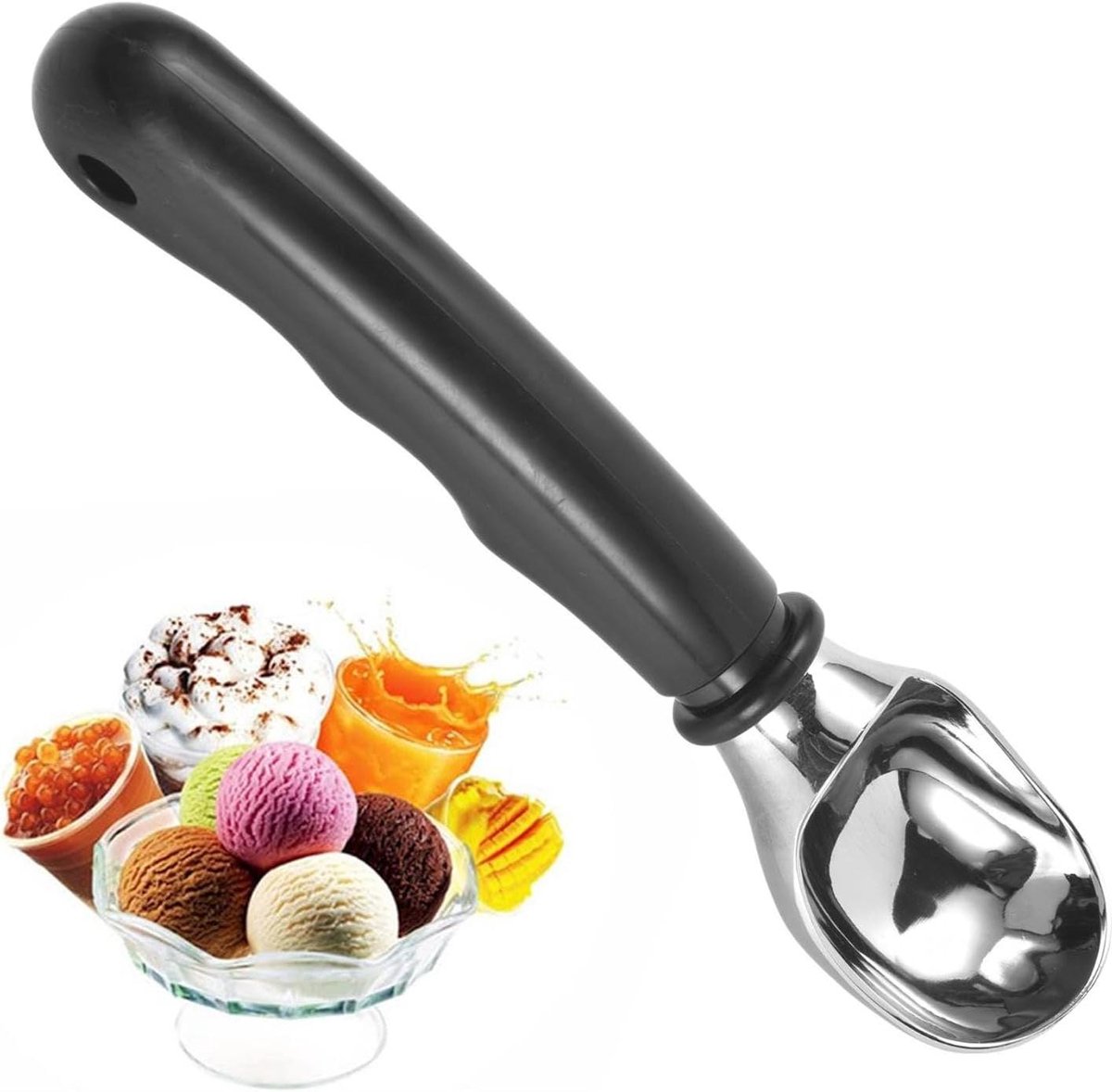 Roestvrijstalen schep - Keuken gadget - IJs en meer - Vaatwasmachinebestendig - 18.5 cm - Zwart