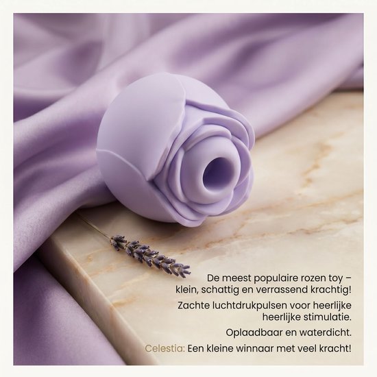 Lila rozenvormige vibrator op marmeren ondergrond met lavendeltakje. 'Celestia: Een kleine winnaar met veel kracht!'