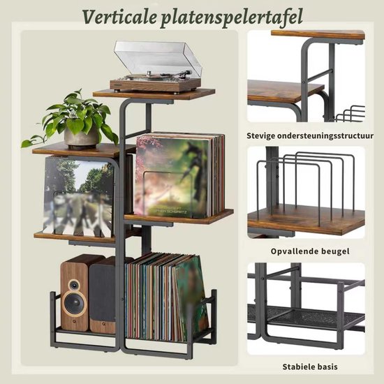 SNJY® Platenspeler Meubel - Platenspeler Kast - LP Houder - Platenhouder - 30D x 60B x 102H cm - Zwart/Bruin — afbeelding 5