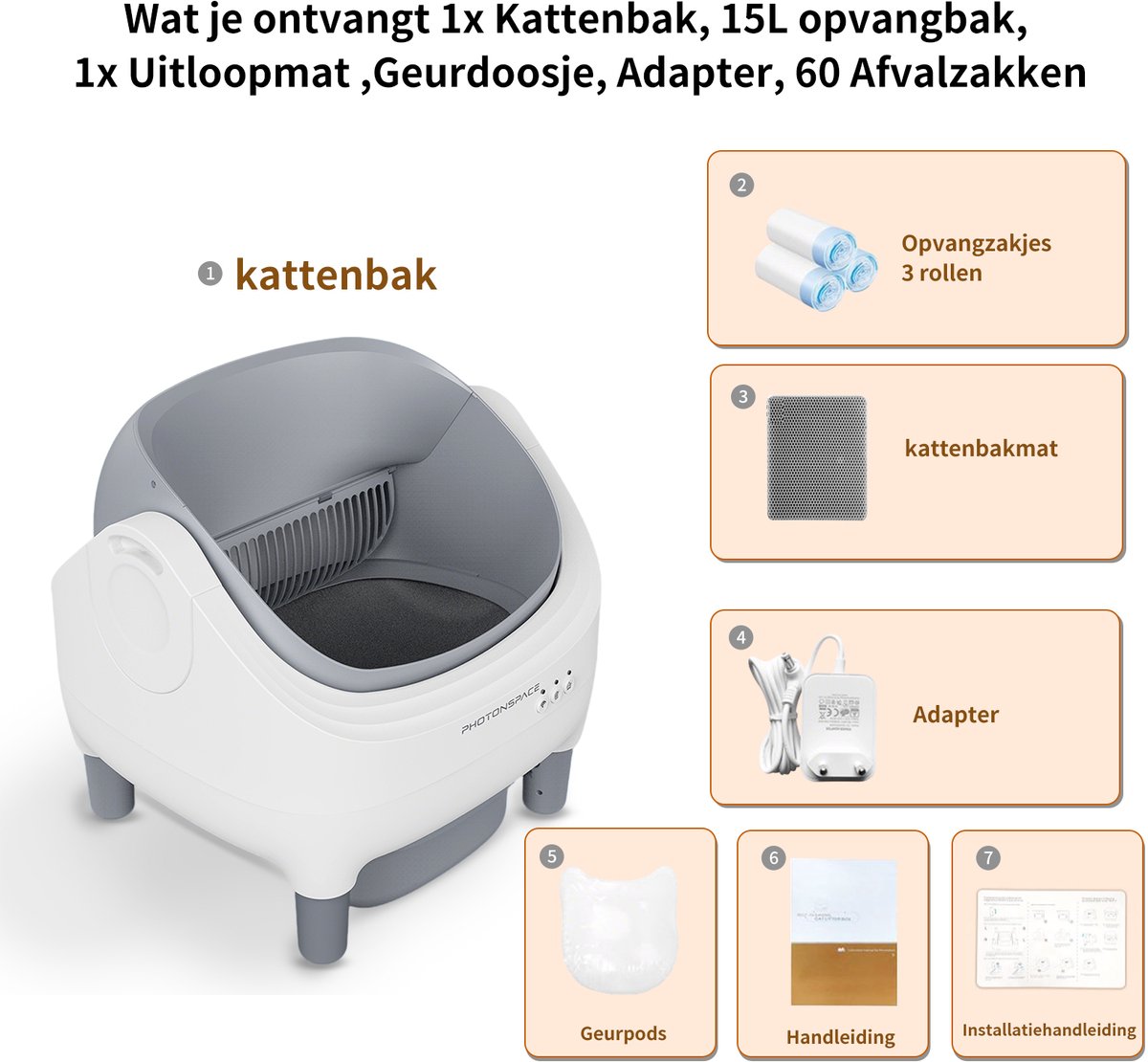 Photonspace Zelfreinigende Kattenbak -Open Top Automatische Kattenbak - Electrische Kattenbak - Incl. App-Met Kattenbakmat en 3 rollen opvangzakjes thumbnail 8