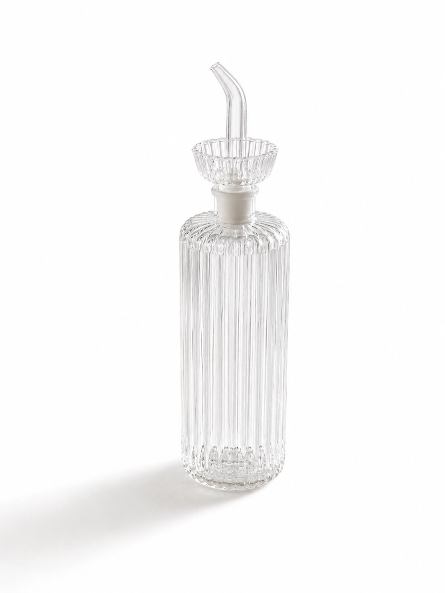 Mevaz Oliefles 500 ml – Glazen Olie Dispenser – Geribbeld Glas – Oliekaraf met Schenktuit – Voor Olijfolie, Azijn & Dressing – Transparant – Luxe Design