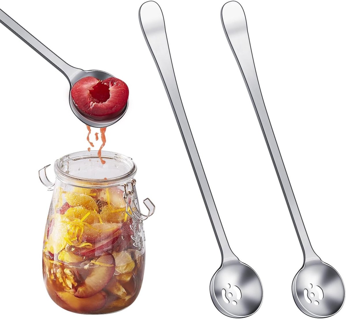 Roestvrijstalen lepel met afvoergat, stevig en vaatwasserbestendig, perfect voor olijven en augurken, ideaal voor tapas en antipasti