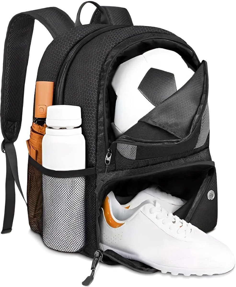 CarryQuest® - Sportrugzak met Balvak - Voetbal Rugzak met Schoenenvak - Sport Rugtas voor Voetbal, Basketbal & Volleybal - Rugzak met Bodemvak, Fleshouder & Waterafstotend Materiaal - Zwart