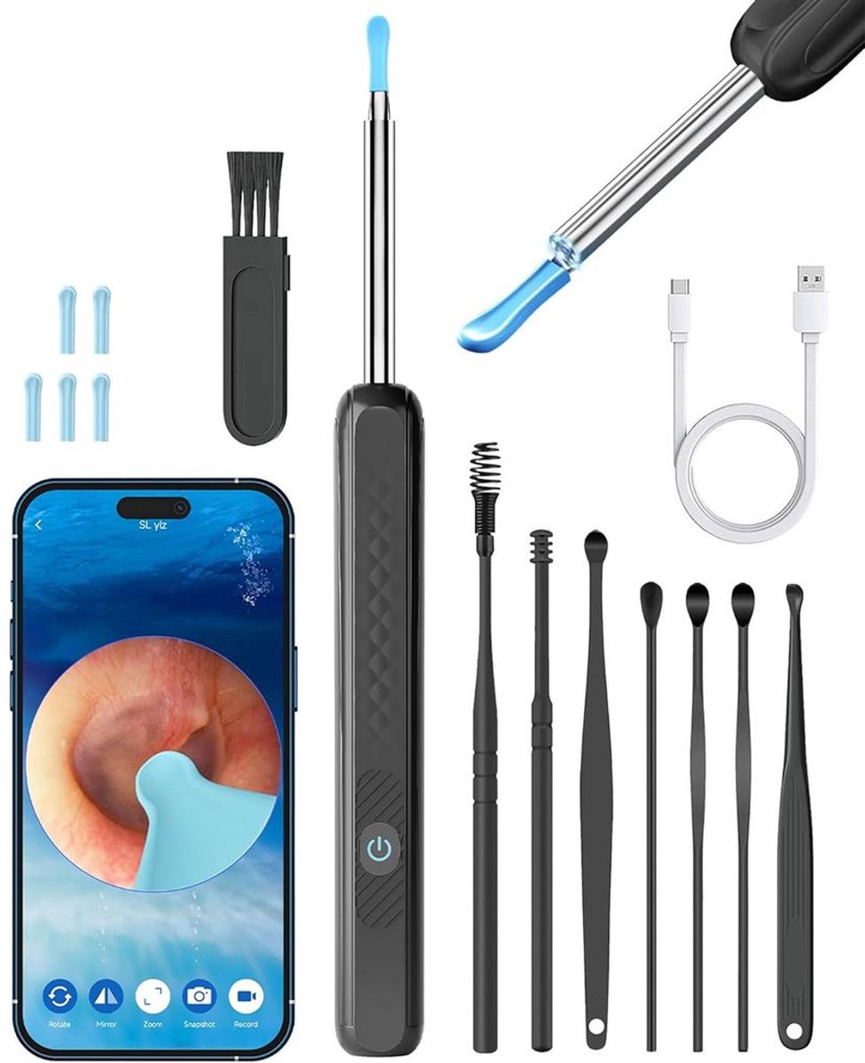 Hoogwaardige oorwasverwijderaar met camera, oorreinigingsset, 3,5 mm wifi-oorendoscoop met ledlampje, 130 mAh batterij, IP67 waterdicht, geschikt voor kinderen en volwassenen, Type-C interface.