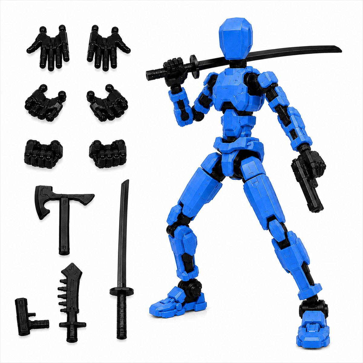 Enluxe Blauwe T13 Stick Action Figure – Flexibele Beweegbare Pop, Verwisselbare Handen en Speelgoedwapens, Creëer je Eigen Gevechtsscene, Perfect voor Kinderen en Verzamelaars