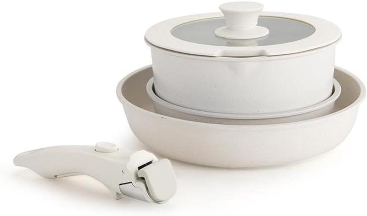 5-delige pannenset - Kookgerei set - Dagelijks koken - Afneembare handgreep - 2 liter pan - Wit