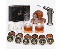 Afbeelding voor Bolux® - Luxe Whiskey en Cocktail smoker set - 12 delig - 6 verschillende rookaroma's - 2 glazen- 2 ijsmallen - smoker - torch - vaderdag cadeau