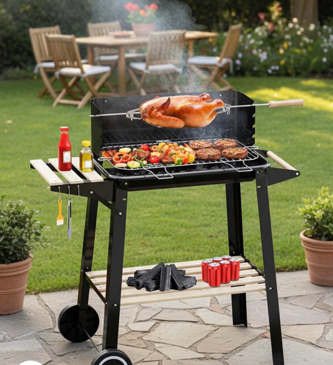 Houtskoolgrillwagen met draaispit, roestvrijstalen rooster en 5 hoogte-instellingen. Mobiele barbecue met 2 houten planken en wielen.