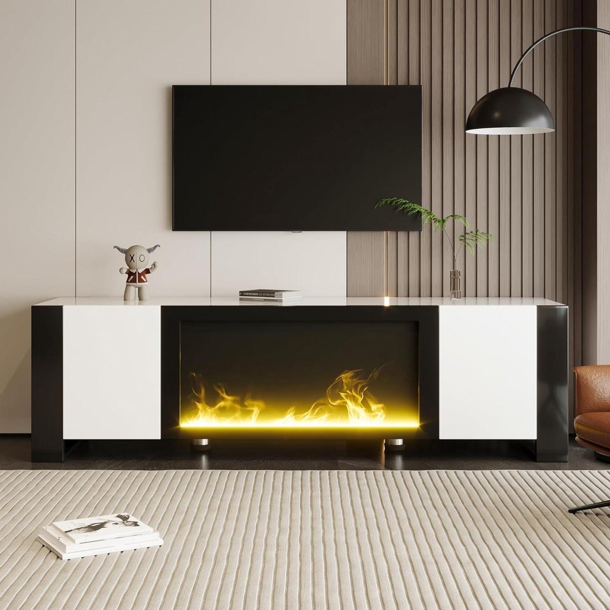 TV meubel - Lowboard dressoir - Woonkamer sfeer - Decoratieve haard - 165x55x32cm - Wit zwart