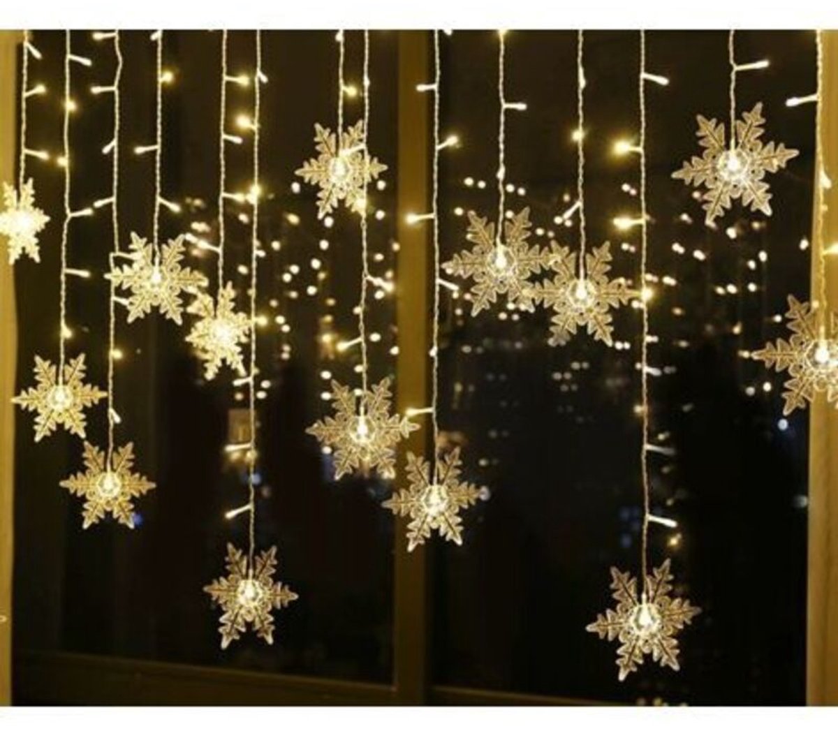 Slingerverlichting, gordijnverlichting, 4 geschikt voorer lange kerstverlichting geschikt voor 96 led's in de vorm van sneeuwvlokken, 8 lichtstanden, raamdecoratie, Kerstmis, bruiloften, verjaardagen, huisdecoratie, feesten, warm wit licht.