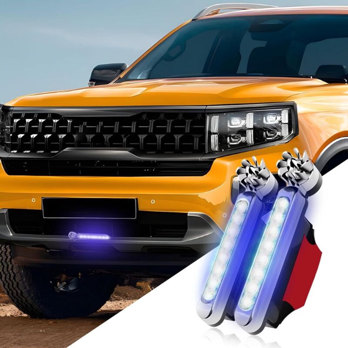 Een set van twee LED-dagrijverlichtingselementen, op windenergie, die geen externe stroombron nodig hebben, waterdicht en geschikt voor terreinwagens (blauw).