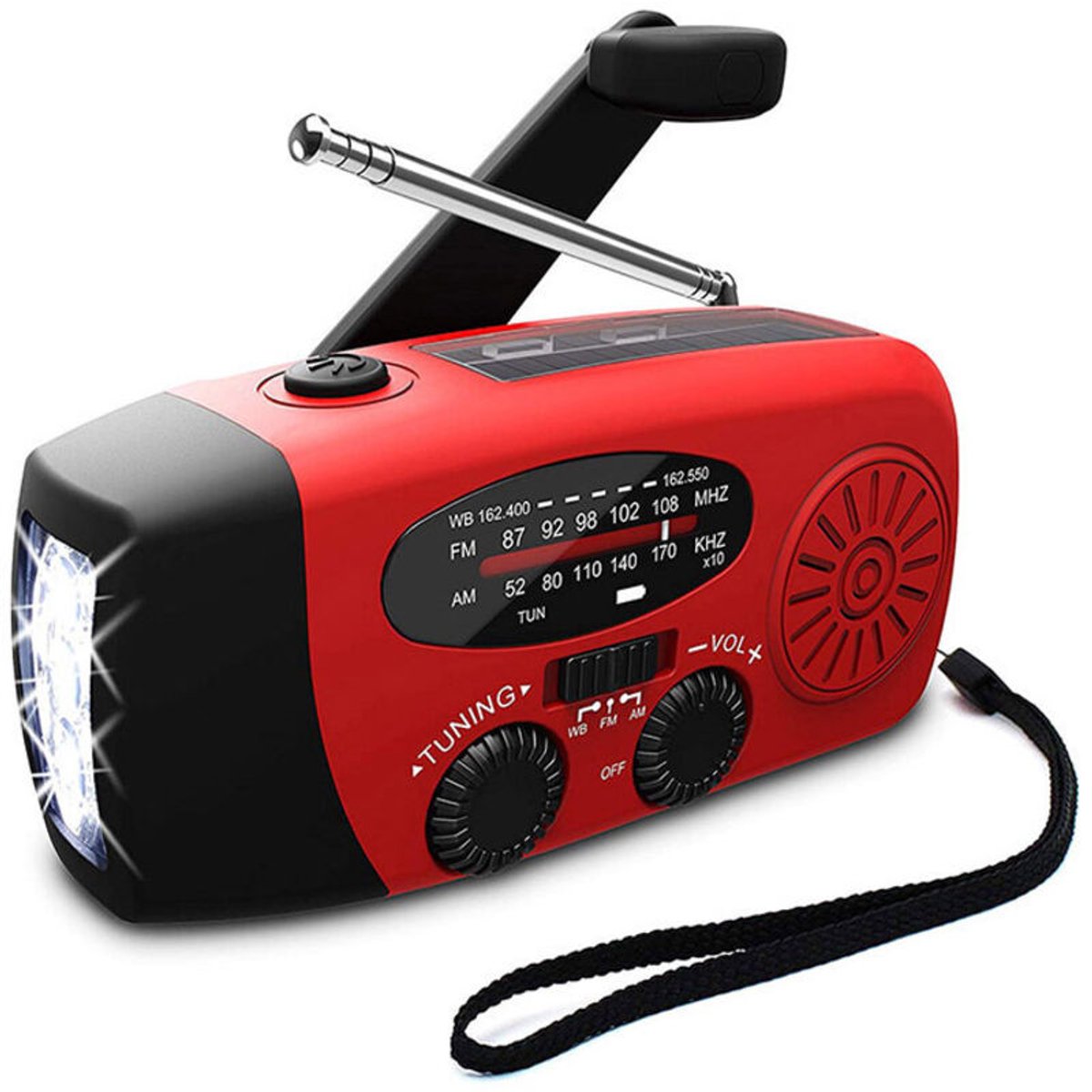 Handaangedreven noodradio geschikt voor zaklamp, draagbare NOAA AM/FM-weerradio, 2000 mAh powerbank, geschikt voor buitengebruik, kamperen en noodgevallen, rood.