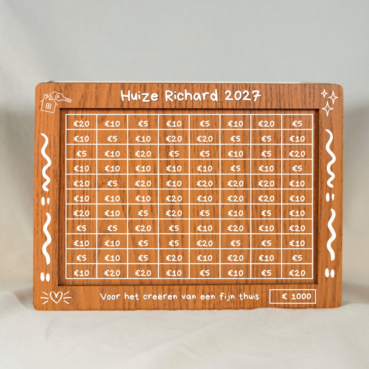 Gepersonaliseerd housewarming cadeau - Houten spaarpot met naam €1000 - Nieuwe woning cadeau - Verhuiscadeau kleinigheidje