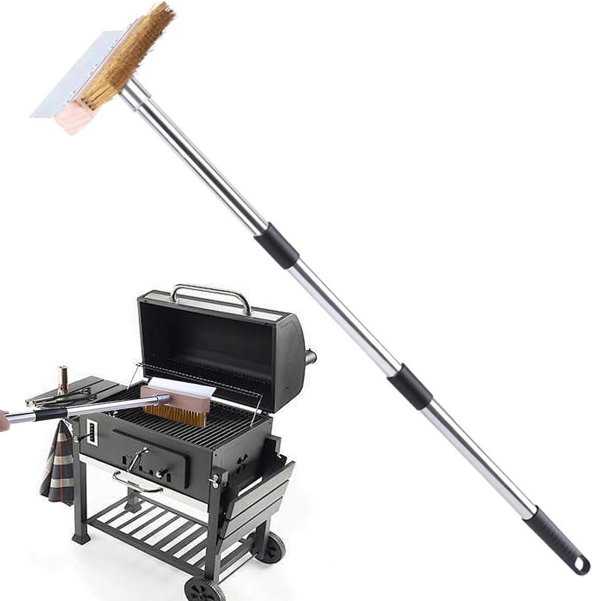 Pizzaborstel met schraper - Grillborstel oven - Barbecue reinigen - Verstelbaar handvat - Tot 2 meter - Meerkleurig