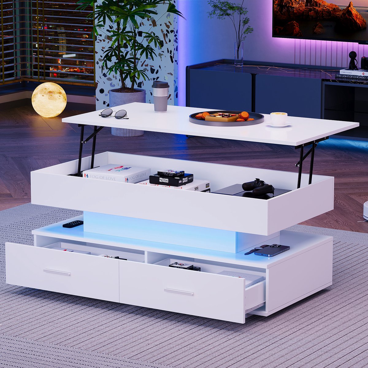 MODENUIT Salontafel - Hydraulisch Verstelbaar Met LED, 2 Laden En Open Vak - Voor Woonkamer - Wit - 100x50x44 Cm