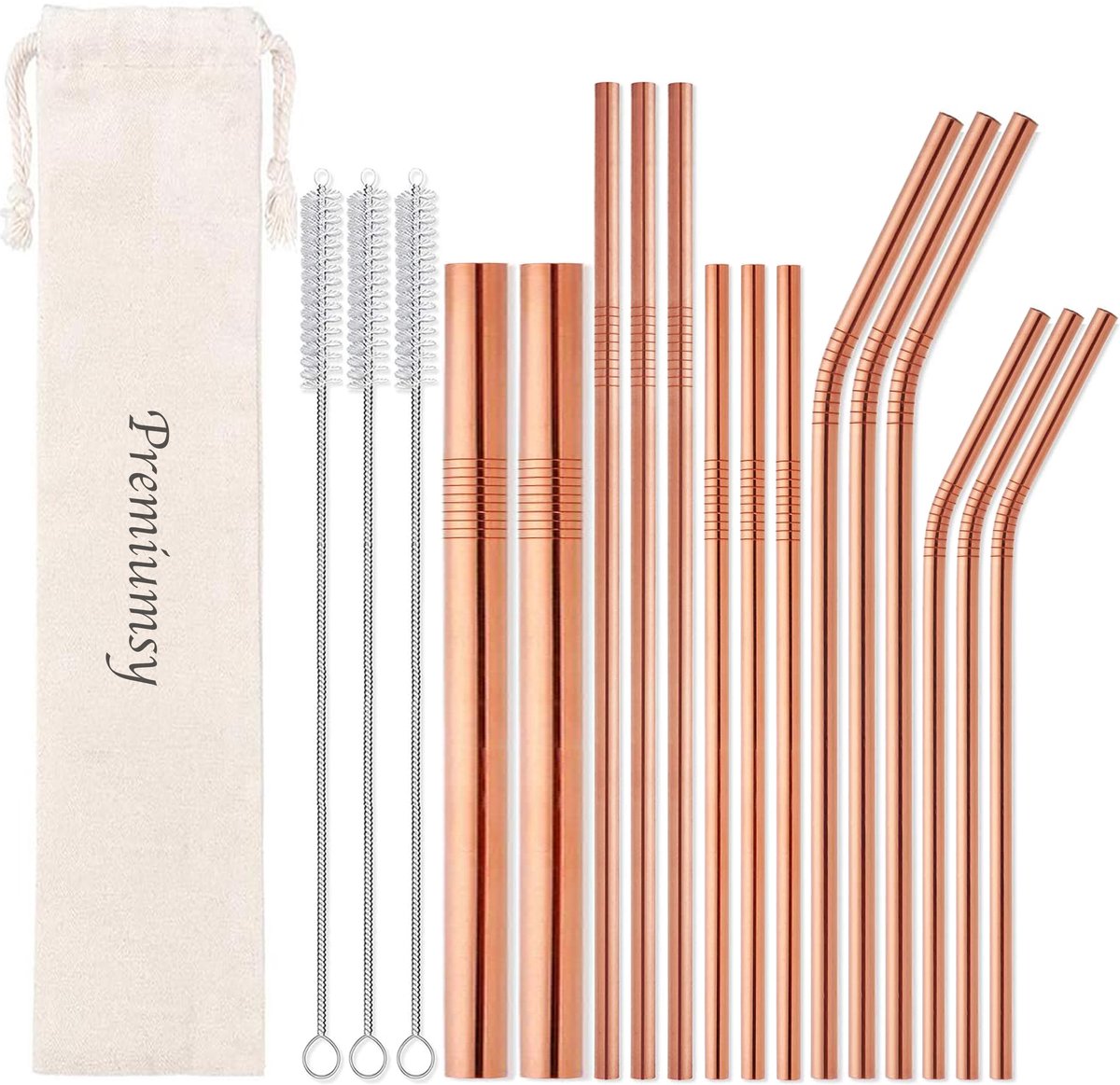 EcoFriendly’s 14x Herbruikbare Metalen Rietjes - Verschillende Maten - Duurzame Rietjes Herbruikbaar - RVS Rietjes - Ijzeren Rietjes - Geschikt voor Smoothies en Cocktails - Rosé Goud