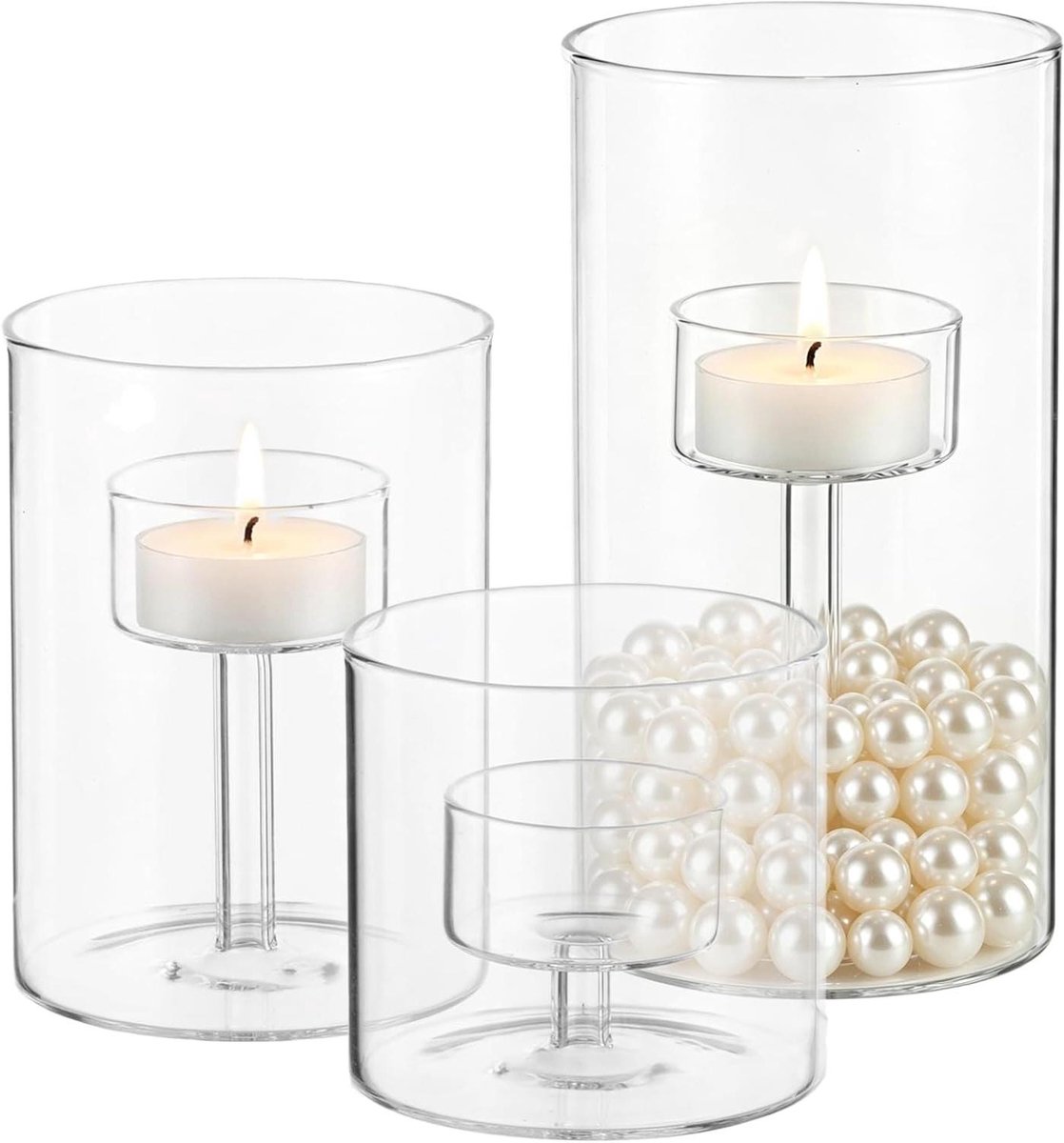 Glazen Theelichthouders - Cilinder Kandelaars Votief - Sfeer Creëren - Set van Drie Maten - 3.1 Inch Diameter - Transparant